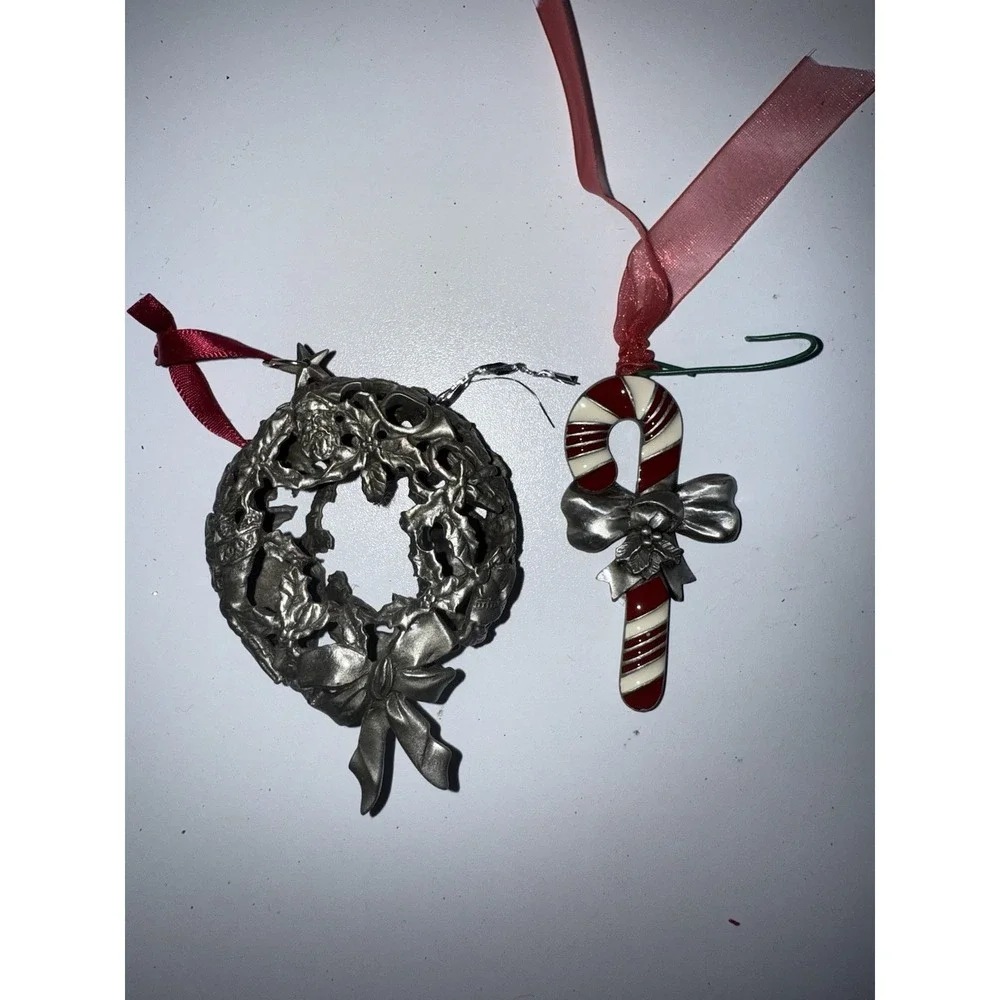 Lot Of 2 Christmas Ornaments G Duckin Pewter Candy Cane & Hallmark Wreath G